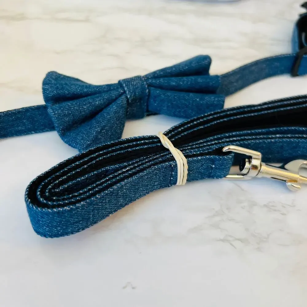 Bow Tie Dog Collar and Leash Set for Medium Dogs - Medium Puppy Blue Denim